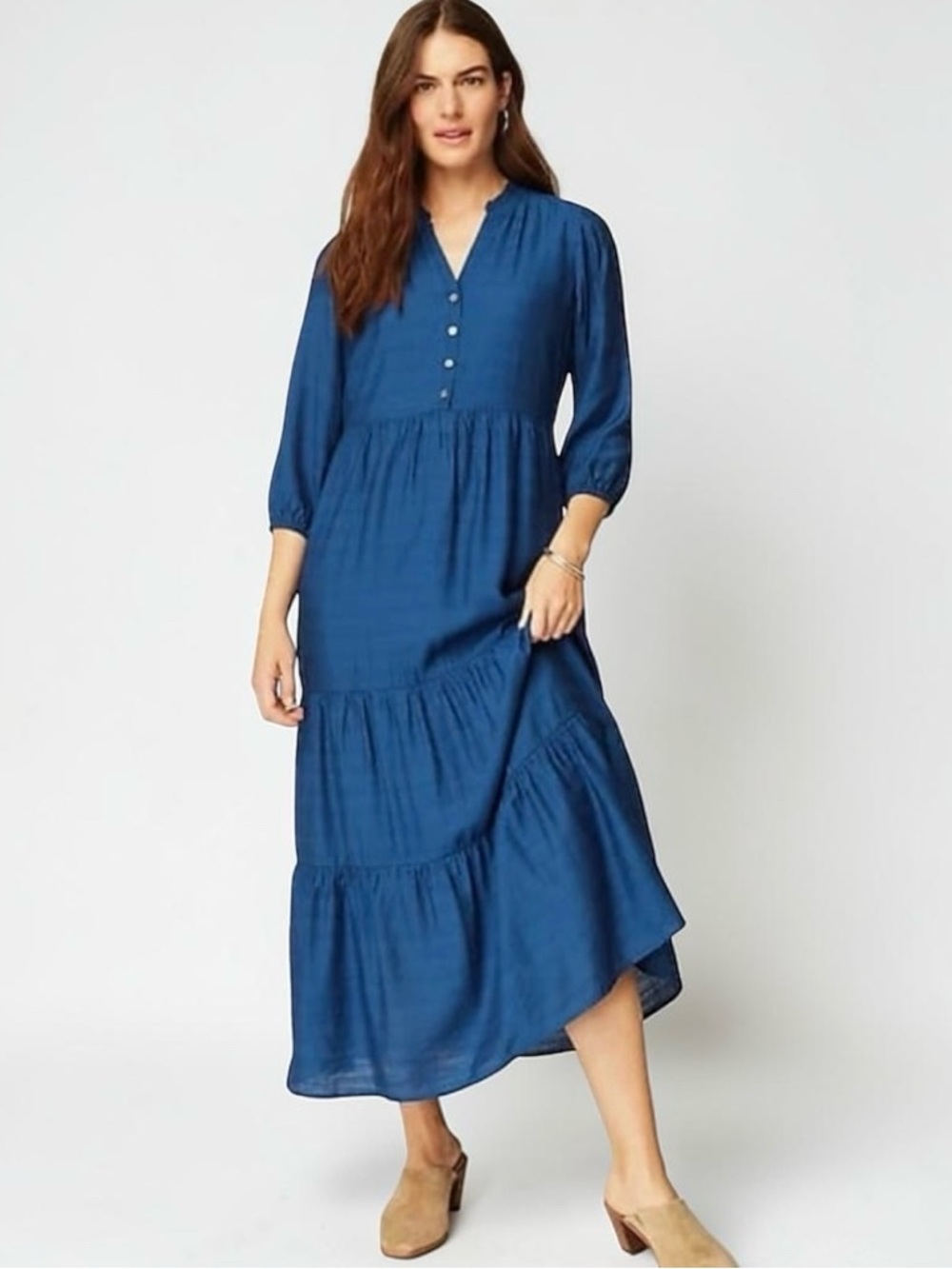 J Jill Ruffled Tiered Maxi Dress • XL • Oceanic Blue • Boho Coastal Flowy 27232 - Picture 2 of 13